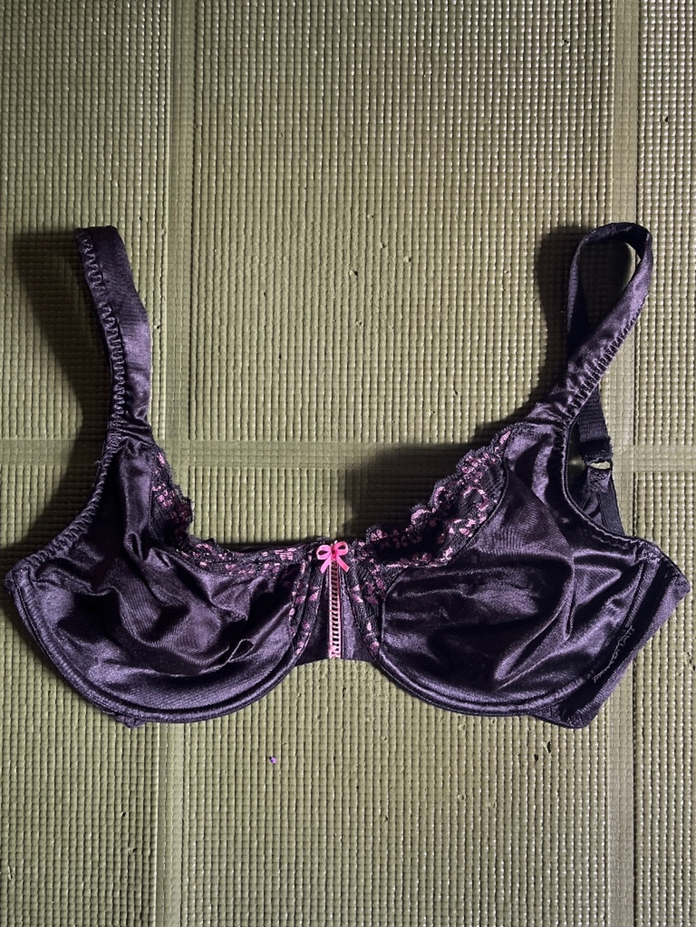 Black satin bra, pink accents